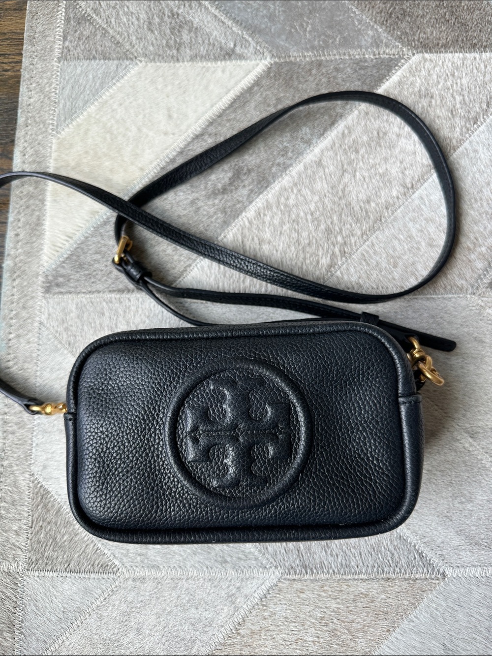 Tory Burch Black Pebbled Leather Logo Crossbody